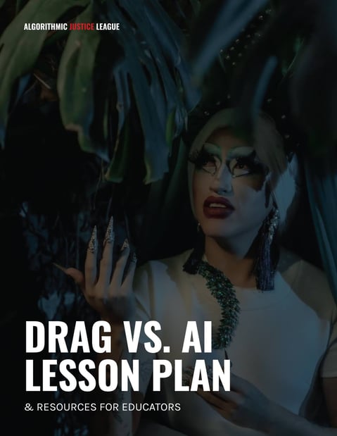 Drag vs AI lesson plan cover. The background image is a darkened portrait of a drag queen with sparking eye makeup, long glittery nails, and a white top reaching up to touch a plant above them. The words "Drag. Vs. AI Lesson Plan: And Resources for Educators" are at the foreground in bold white text