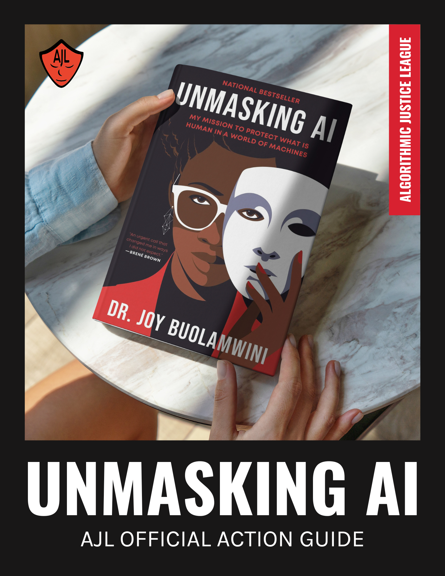 Unmasking AI Guide covering featuring hands holding the paperback version of Unmasking AI by Dr. Joy Buolamwini